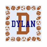 Sports Balls Wall Decal Frame With Custom Name and Initial Decal in Two Colors - Football Baseball Soccer Basketball Varsity Wall Art Decal Wall Sticker 22