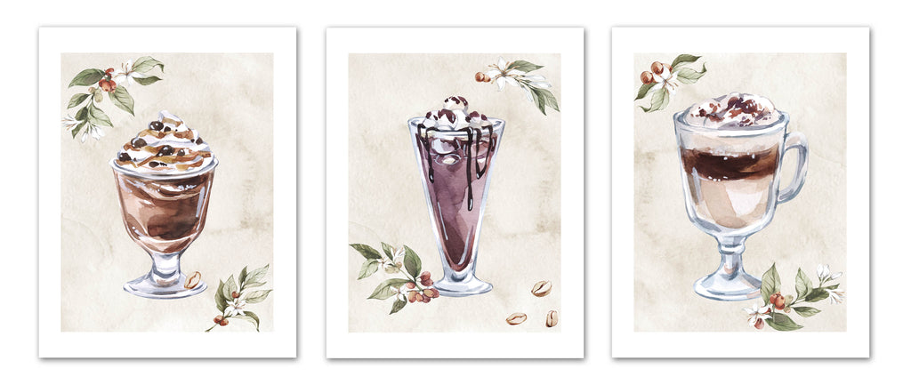 Cold Coffee Drink With Seed Foliage Kitchen Wall Art Prints Set - Ideal Gift For Family Room Kitchen Play Room Wall Décor Birthday Wedding Anniversary | Set of 3 - Unframed- 8x10 Photos
