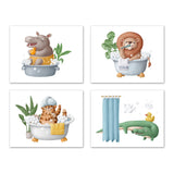 Crocodile Tiger Cat & Hippopotimus Bath Time Nursery Wall Art Prints Set - Home Decor For Kids, Child, Children, Baby or Toddlers Room - Gift for Newborn Baby Shower | Set of 4 - Unframed- 8x10 Photos