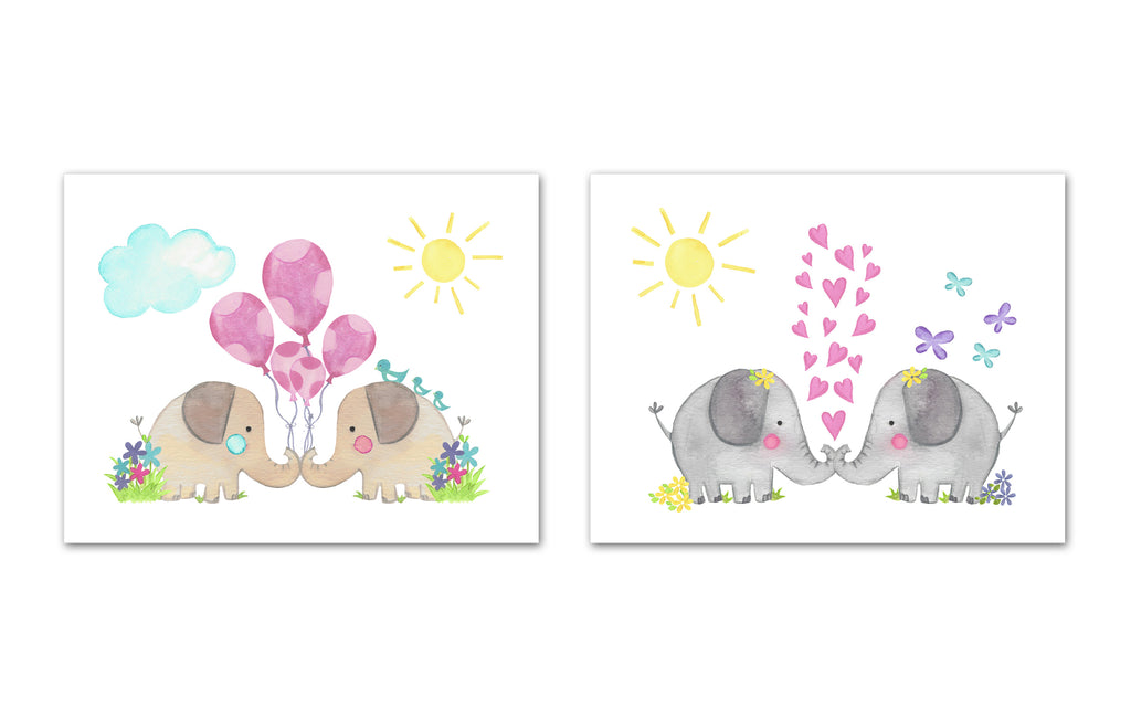 Twin Elephants Wall Art Prints Set - Home Decor For Kids, Child, Children, Baby or Toddlers Room - Gift for Newborn Baby Shower | Set of 2 - Unframed- 8x10 Photos