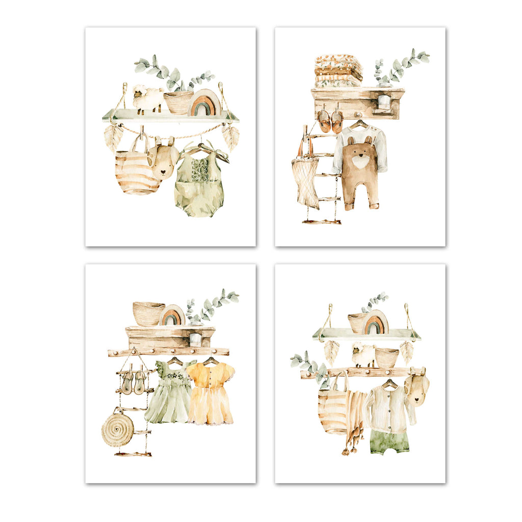 Farmhouse Boho Nursery Baby Garments Wall Art Prints Set - Home Decor For Kids, Child, Children, Baby or Toddlers Room - Gift for Newborn Baby Shower | Set of 4 - Unframed- 8x10 Photos