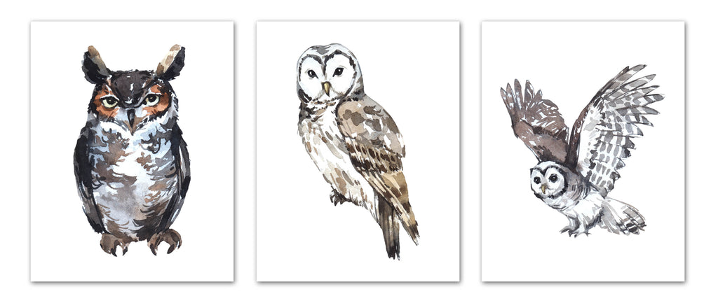 Adorable Owls Wall Art Prints Set - Home Decor For Kids, Child, Children, Baby or Toddlers Room - Gift for Newborn Baby Shower | Set of 3 - Unframed- 8x10 Photos