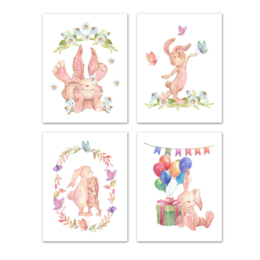 Bunny Nursery Wall Art Prints Set - Home Decor For Kids, Child, Children, Baby or Toddlers Room - Gift for Newborn Baby Shower | Set of 4 - Unframed- 8x10 Photos