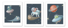Load image into Gallery viewer, Spaceship &amp; Astronaut Space Alien Wall Art Prints Set - Home Decor For Kids, Child, Children, Baby or Toddlers Room - Gift for Newborn Baby Shower | Set of 3 - Unframed- 8x10 Photos