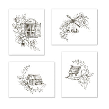 Load image into Gallery viewer, Pencil Sketch House Windmill Design Wall Art Prints Set - Ideal Gift For Family Room Kitchen Play Room Wall Décor Birthday Wedding Anniversary | Set of 4 - Unframed- 8x10 Photos