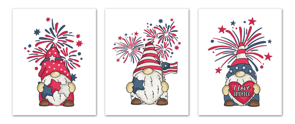 American Patriotic Gnome Independence Day 4th Of July Wall Art Prints Set - Ideal Gift For Family Room Kitchen Play Room Wall Décor Birthday Wedding Anniversary | Set of 3 - Unframed- 8x10 Photos