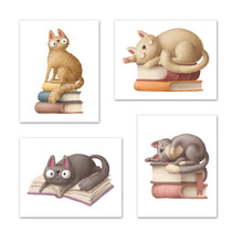 Load image into Gallery viewer, Cat Reading Book &amp; Sleeping Nursery Wall Art Prints Set - Home Decor For Kids, Child, Children, Baby or Toddlers Room - Gift for Newborn Baby Shower | Set of 4 - Unframed- 8x10 Photos