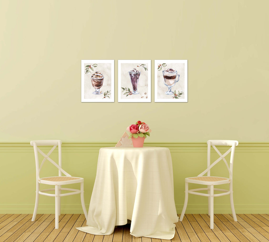 Cold Coffee Drink With Seed Foliage Kitchen Wall Art Prints Set - Ideal Gift For Family Room Kitchen Play Room Wall Décor Birthday Wedding Anniversary | Set of 3 - Unframed- 8x10 Photos