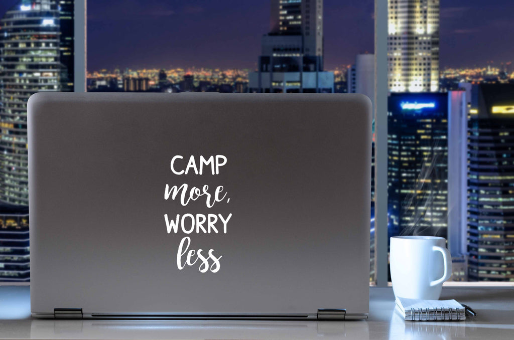 Camp More Worry Less | 4" x 7" Vinyl Sticker | Peel and Stick Inspirational Motivational Quotes Stickers Gift | Decal for Outdoors/Nature Camping Lovers