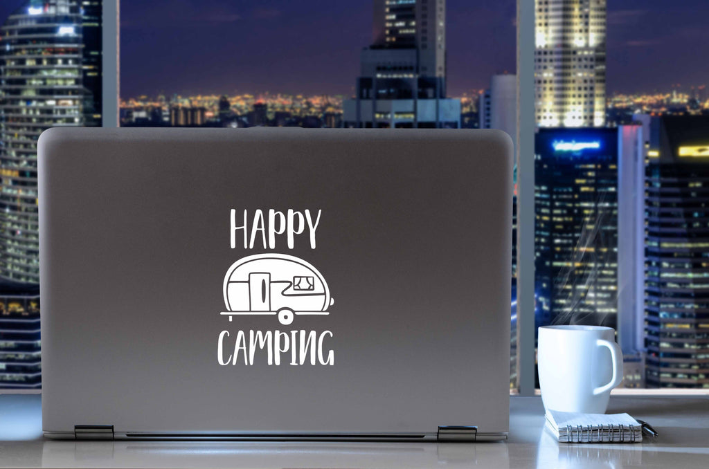 Happy Camping | 4" x 5.6" Vinyl Sticker | Peel and Stick Inspirational Motivational Quotes Stickers Gift | Decal for Outdoors/Nature Camping Lovers