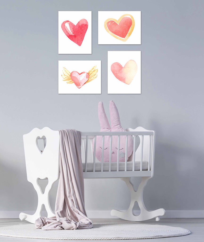 Watercolor Hearts Sign of Love Wall Art Prints Set - Home Decor For Kids, Child, Children, Baby or Toddlers Room - Gift for Newborn Baby Shower | Set of 4 - Unframed- 8x10 Photos