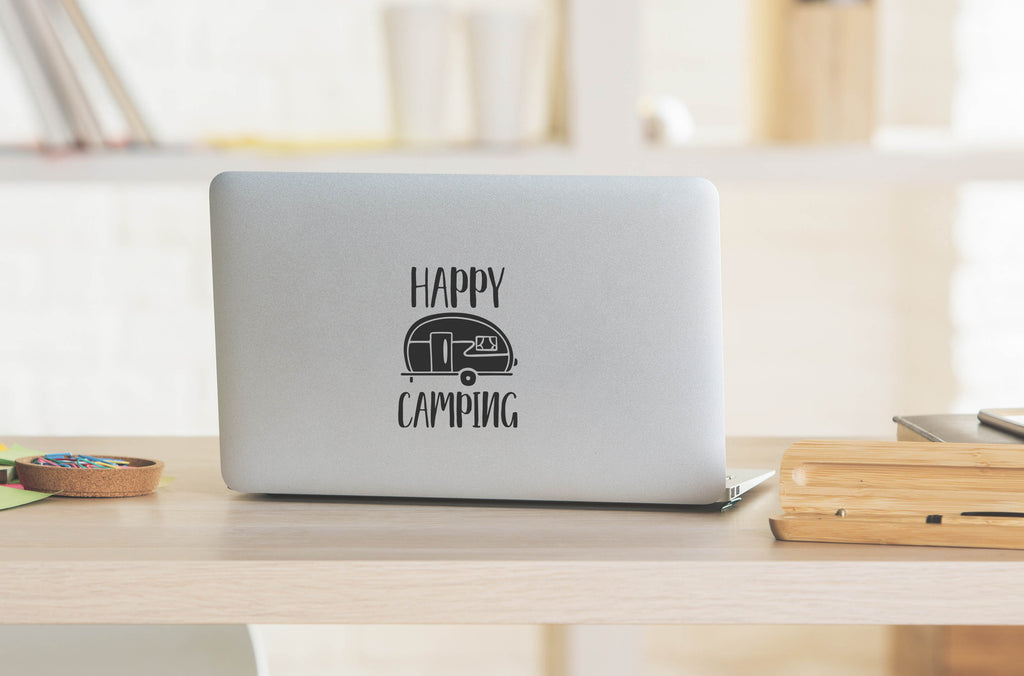 Happy Camping | 4" x 5.6" Vinyl Sticker | Peel and Stick Inspirational Motivational Quotes Stickers Gift | Decal for Outdoors/Nature Camping Lovers