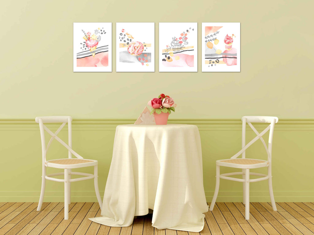 Sweet Treats Icecream Cake Waffle Wall Art Prints Set - Ideal Gift For Family Room Kitchen Play Room Wall Décor Birthday Wedding Anniversary | Set of 4 - Unframed- 8x10 Photos