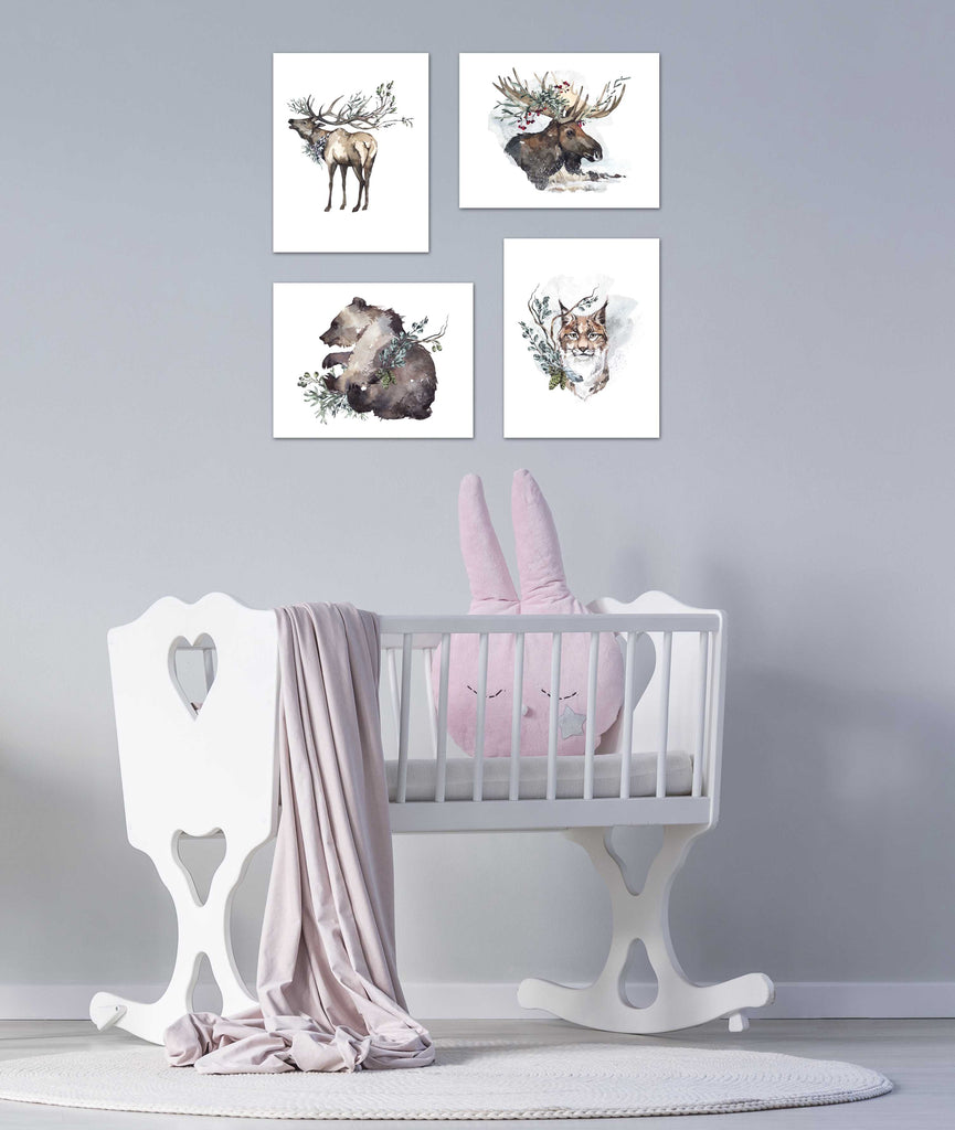 Reindeer Bear Snow Forest Animals Nursery Wall Art Prints Set - Home Decor For Kids, Child, Children, Baby or Toddlers Room - Gift for Newborn Baby Shower | Set of 4 - Unframed- 8x10 Photos
