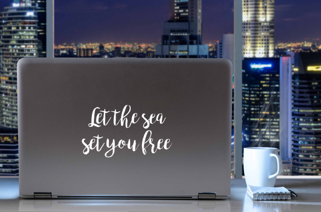 Let The Sea Set You Free | 7" x 4" Vinyl Sticker | Peel and Stick Inspirational Motivational Quotes Stickers Gift | Decal for Outdoors/Nature Water Lovers