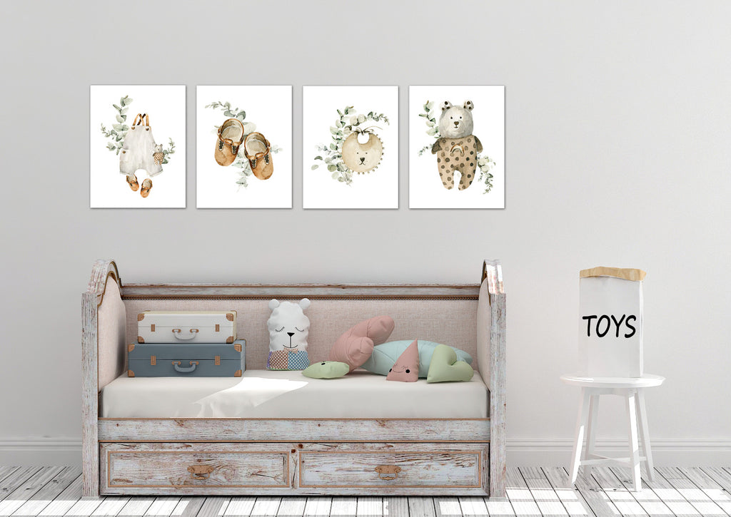Teddy Bear Suit Bag & Sandle Boho Nursery Wall Art Prints Set - Home Decor For Kids, Child, Children, Baby or Toddlers Room - Gift for Newborn Baby Shower | Set of 4 - Unframed- 8x10 Photos