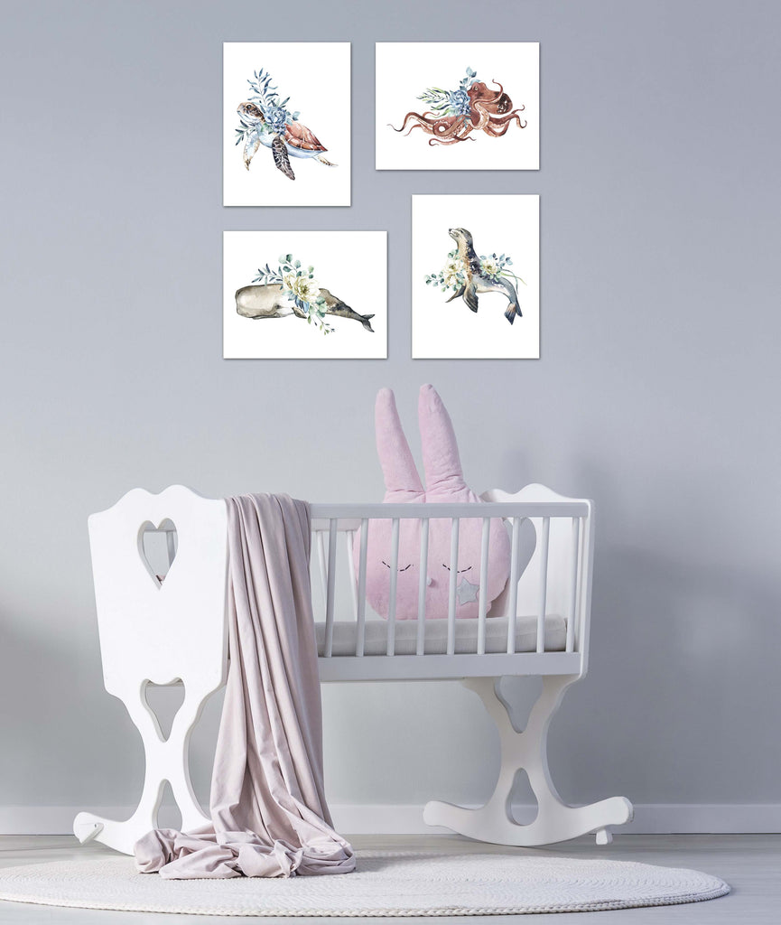 Fish Tortoise Octopus & Seal Nursery Ocean Animal Wall Art Prints Set - Home Decor For Kids, Child, Children, Baby or Toddlers Room - Gift for Newborn Baby Shower | Set of 4 - Unframed- 8x10 Photos