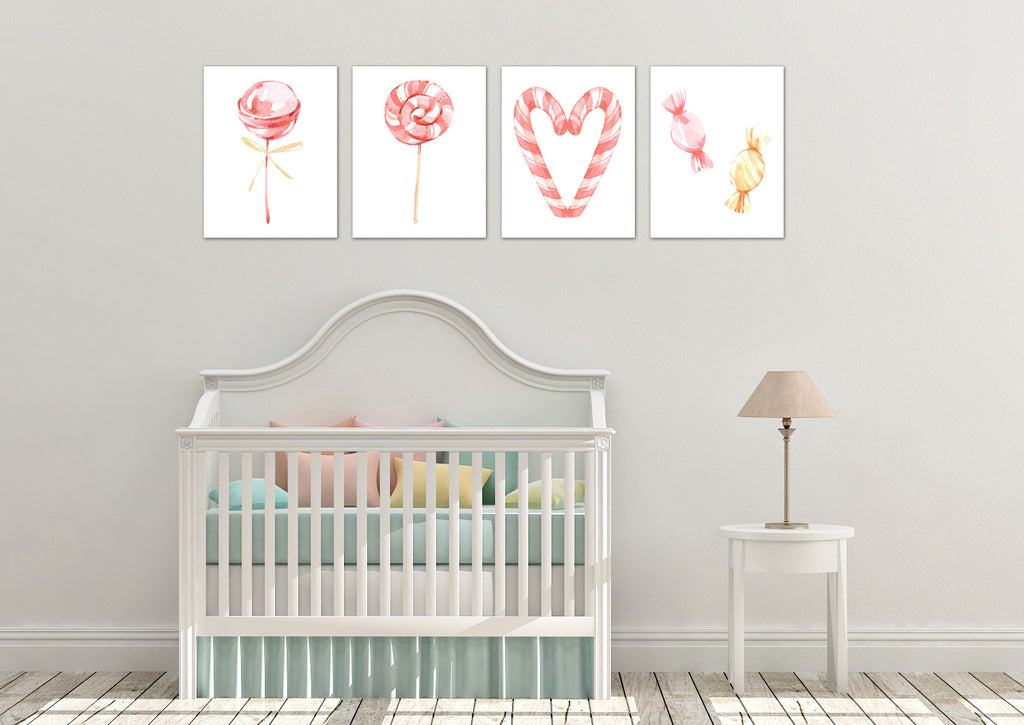 Watercolor Candy Wall Art Prints Set - Home Decor For Kids, Child, Children, Baby or Toddlers Room - Gift for Newborn Baby Shower | Set of 4 - Unframed- 8x10 Photos