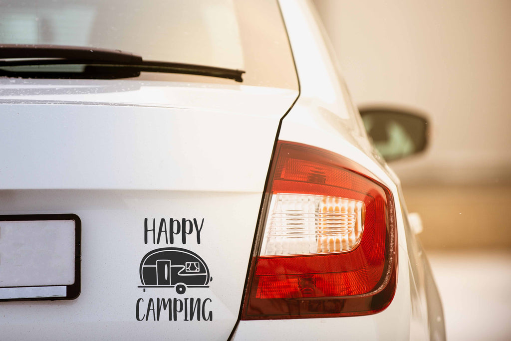 Happy Camping | 4" x 5.6" Vinyl Sticker | Peel and Stick Inspirational Motivational Quotes Stickers Gift | Decal for Outdoors/Nature Camping Lovers