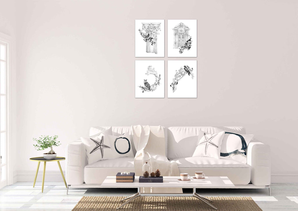 Architecture Pencil Sketch Design Wall Art Prints Set - Ideal Gift For Family Room Kitchen Play Room Wall Décor Birthday Wedding Anniversary | Set of 4 - Unframed- 8x10 Photos