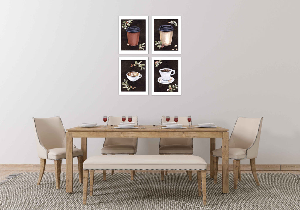 Dispossible Marble Coffee Cups With Seed Foliage Print Kitchen Wall Art Prints Set - Gift For Family Room Kitchen Play Room Wall Décor Birthday Wedding Anniversary | Set of 4 - Unframed- 8x10 Photos