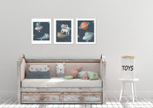 Load image into Gallery viewer, Spaceship &amp; Astronaut Space Alien Wall Art Prints Set - Home Decor For Kids, Child, Children, Baby or Toddlers Room - Gift for Newborn Baby Shower | Set of 3 - Unframed- 8x10 Photos