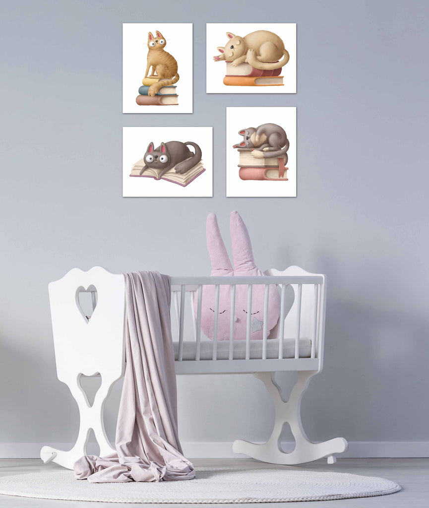 Cat Reading Book & Sleeping Nursery Wall Art Prints Set - Home Decor For Kids, Child, Children, Baby or Toddlers Room - Gift for Newborn Baby Shower | Set of 4 - Unframed- 8x10 Photos