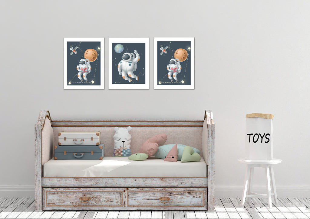 Astonaut Space Image Wall Art Prints Set - Home Decor For Kids, Child, Children, Baby or Toddlers Room - Gift for Newborn Baby Shower | Set of 3 - Unframed- 8x10 Photos