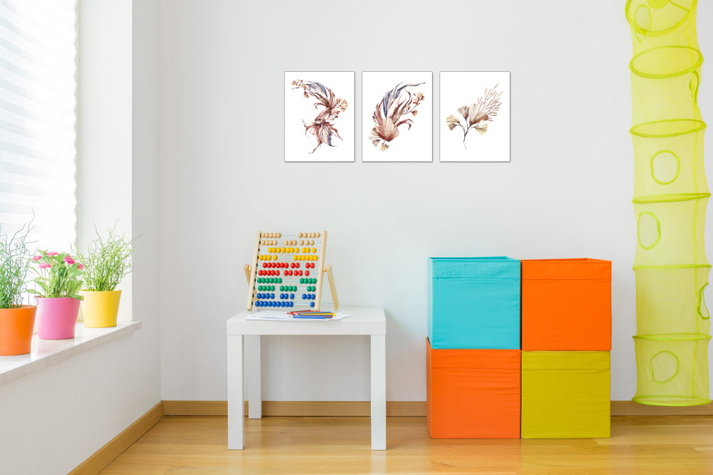 Watercolor Fish and Flora Wall Art Prints Set - Home Decor For