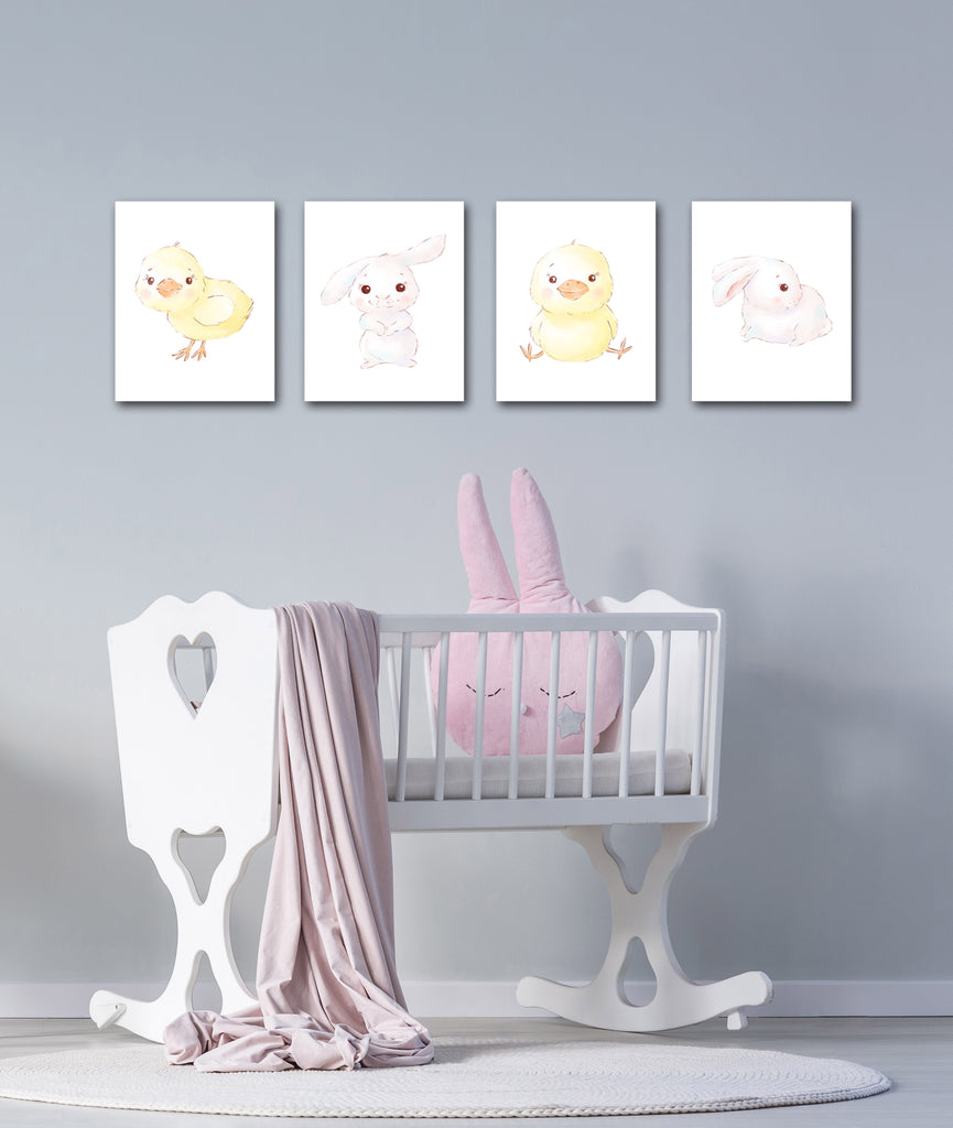 Bunny Chick Wall Art Prints Set - Home Decor For Kids, Child, Children, Baby or Toddlers Room - Gift for Newborn Baby Shower | Set of 2 - Unframed- 8x10 Photos