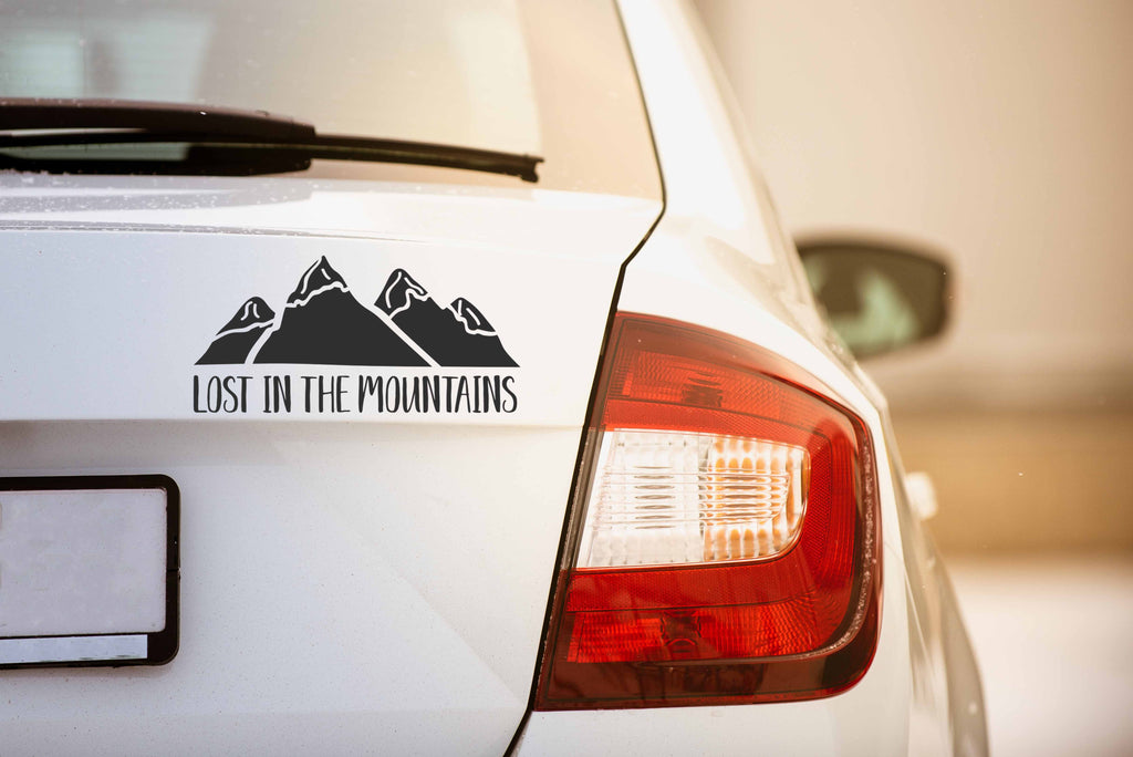 Lost in The Mountains | 8" x 3.8" Vinyl Sticker | Peel and Stick Inspirational Motivational Quotes Stickers Gift | Decal for Outdoors/Nature Mountains Lovers