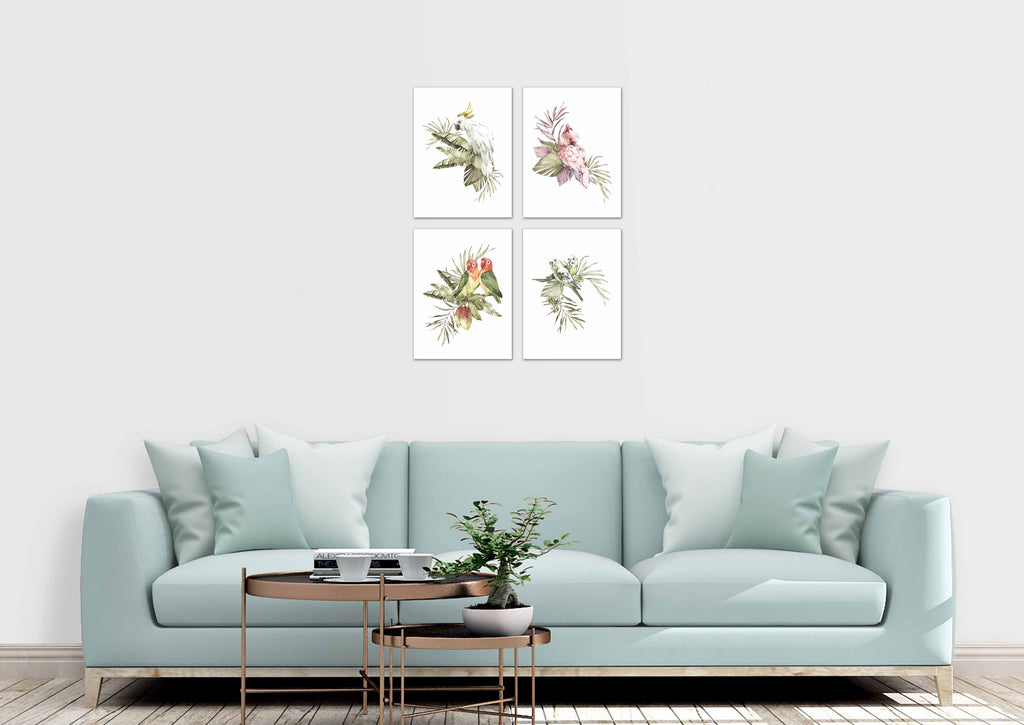 Adorable Parrots Birds and Foliage Wall Art Prints Set - Home Decor For Kids, Child, Children, Baby or Toddlers Room - Gift for Newborn Baby Shower | Set of 4 - Unframed- 8x10 Photos