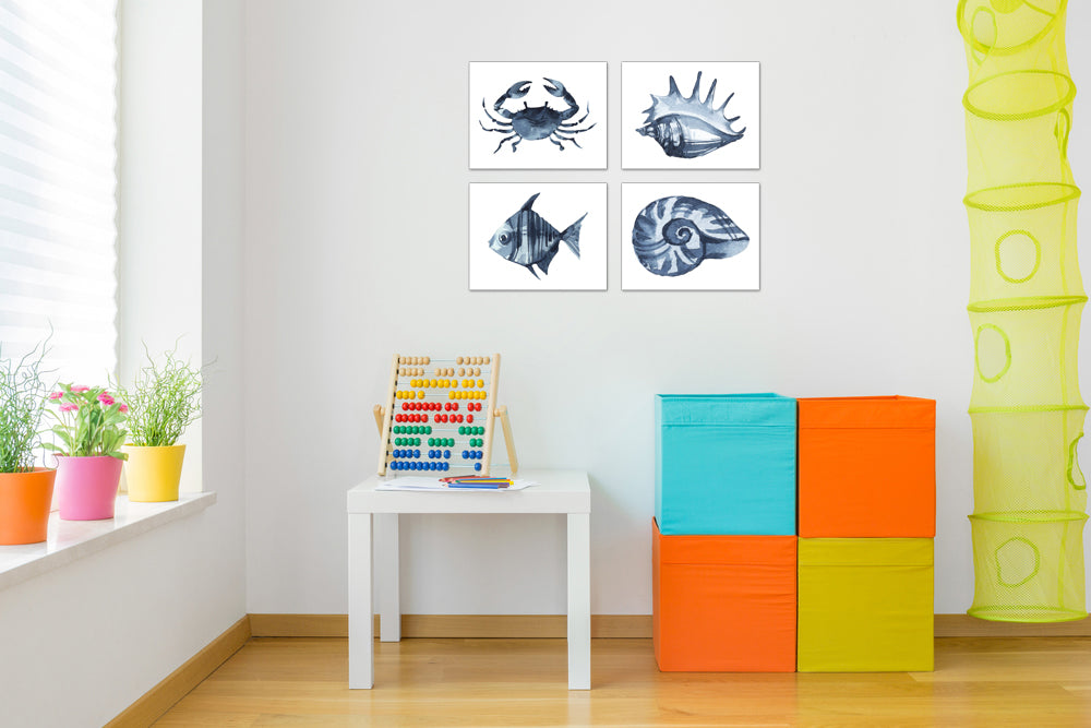 Crab Fish Shells Blue Saphire Ocean Wall Art Prints Set - Home Decor For Kids, Child, Children, Baby or Toddlers Room - Gift for Newborn Baby Shower | Set of 4 - Unframed- 8x10 Photos