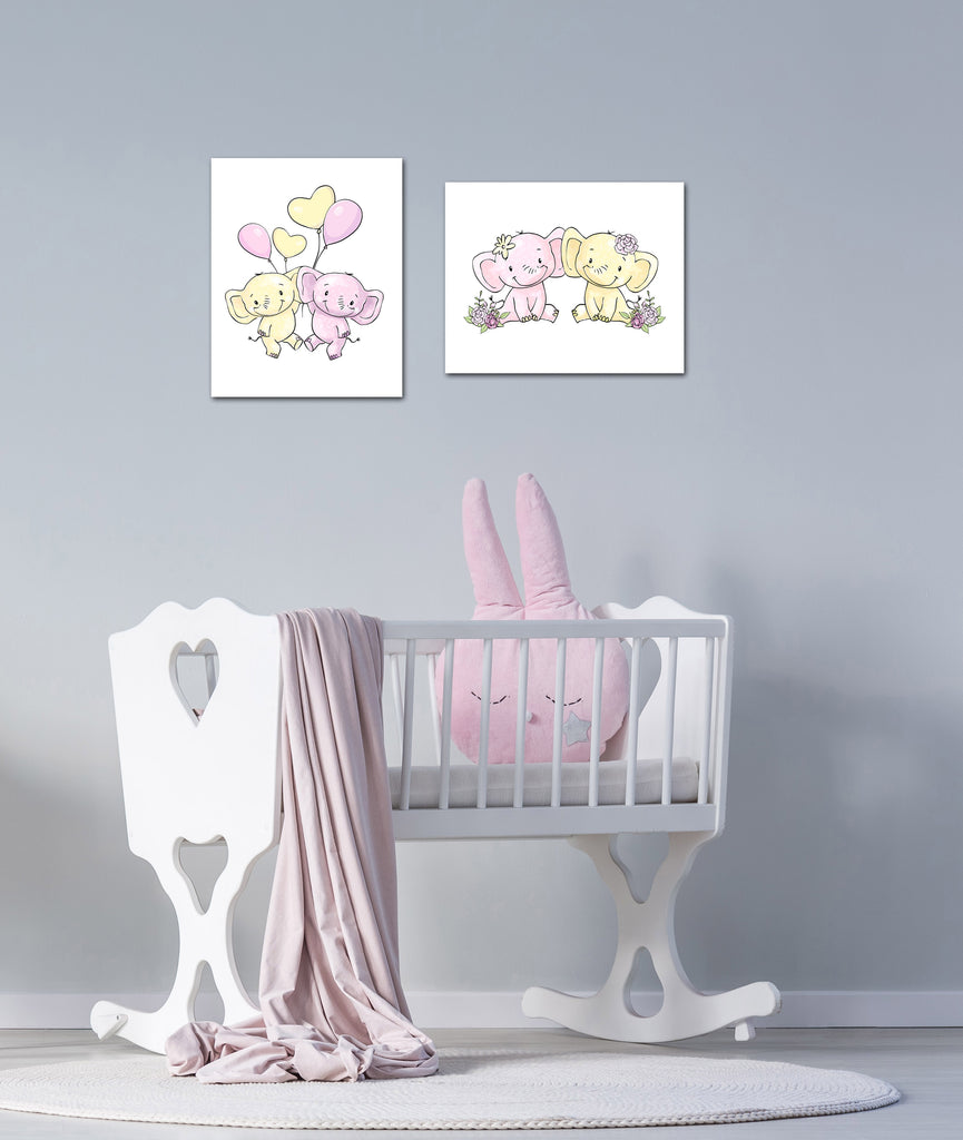 Elephant Twin Nursery Wall Art Prints Set - Home Decor For Kids, Child, Children, Baby or Toddlers Room - Gift for Newborn Baby Shower | Set of 3 - Unframed- 8x10 Photos