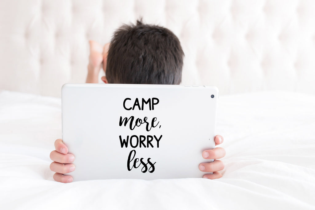 Camp More Worry Less | 4" x 7" Vinyl Sticker | Peel and Stick Inspirational Motivational Quotes Stickers Gift | Decal for Outdoors/Nature Camping Lovers