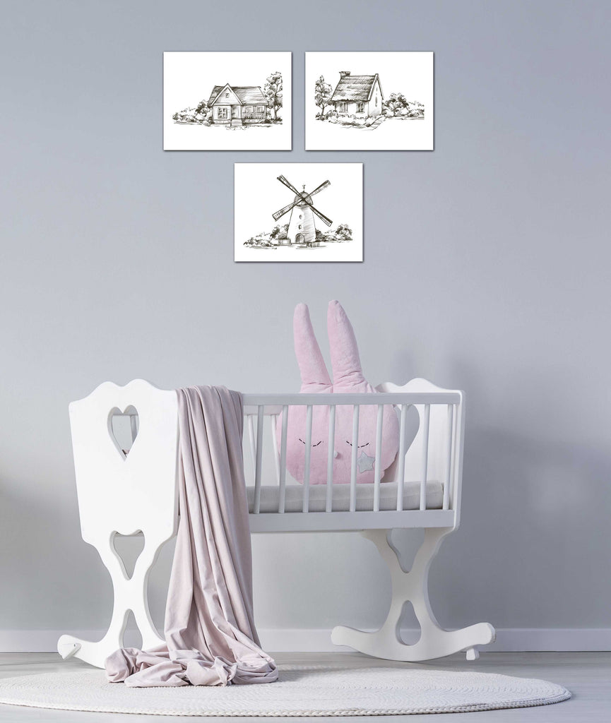 Pencil Sketch House Windmill Wall Art Prints Set - Ideal Gift For Family Room Kitchen Play Room Wall Décor Birthday Wedding Anniversary | Set of 4 - Unframed- 8x10 Photos
