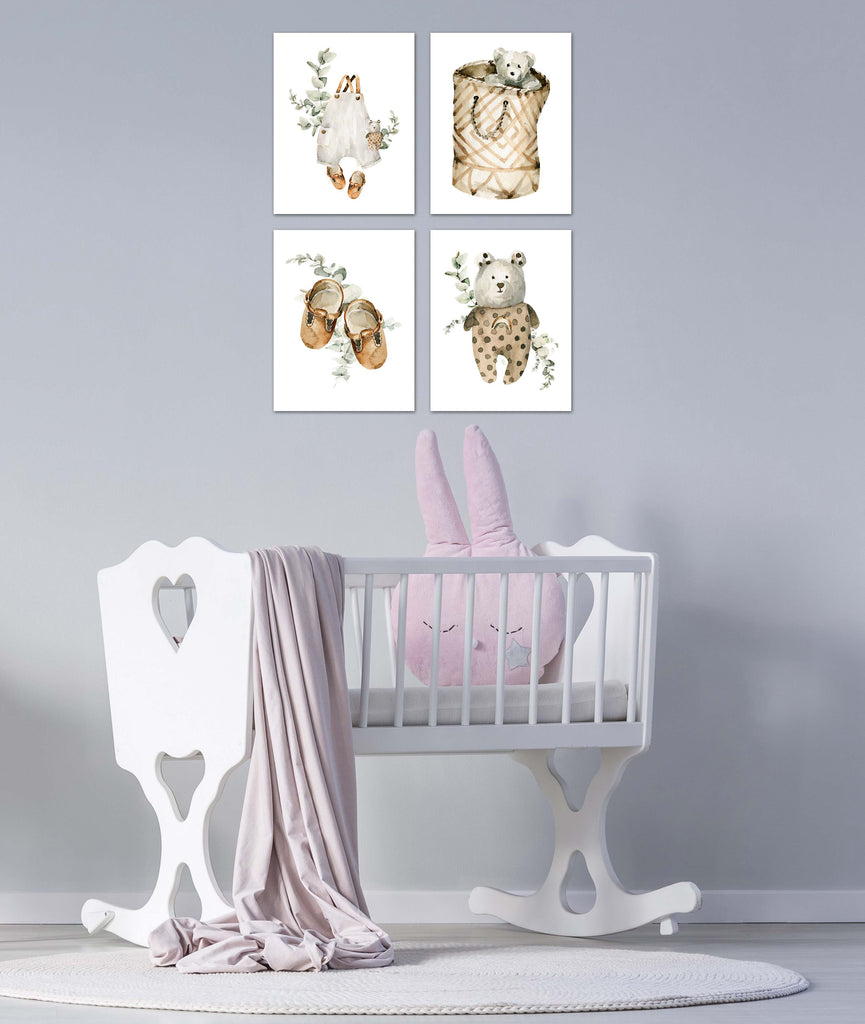Teddy Bear Bag Suit & Sandle Boho Nursery Wall Art Prints Set - Home Decor For Kids, Child, Children, Baby or Toddlers Room - Gift for Newborn Baby Shower | Set of 4 - Unframed- 8x10 Photos