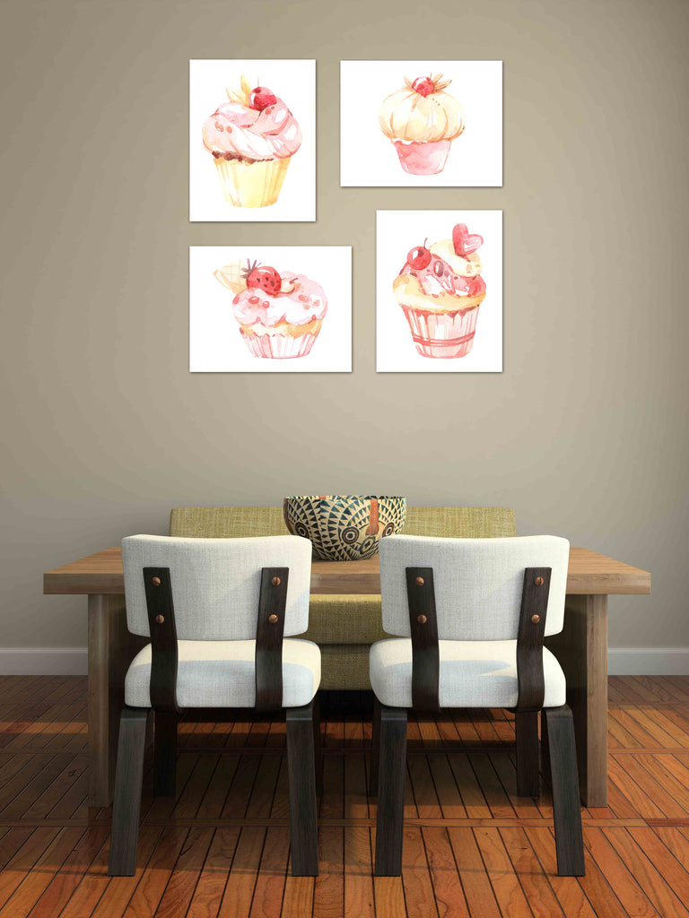 Sweet Cupcakes Cakes Wall Art Prints Set - Ideal Gift For Family Room Kitchen Play Room Wall Décor Birthday Wedding Anniversary | Set of 4 - Unframed- 8x10 Photos