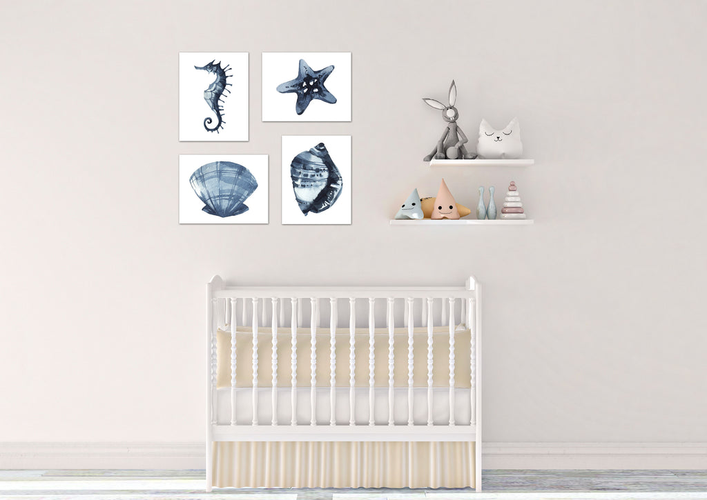 Seahorse Starfish jellyfish & Oyster Blue Saphire Ocean Wall Art Prints Set - Home Decor For Kids, Child, Children, Baby or Toddlers Room - Newborn Baby Shower Gift | Set of 4 - Unframed- 8x10 Photos