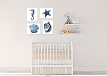Load image into Gallery viewer, Seahorse Starfish jellyfish &amp; Oyster Blue Saphire Ocean Wall Art Prints Set - Home Decor For Kids, Child, Children, Baby or Toddlers Room - Newborn Baby Shower Gift | Set of 4 - Unframed- 8x10 Photos