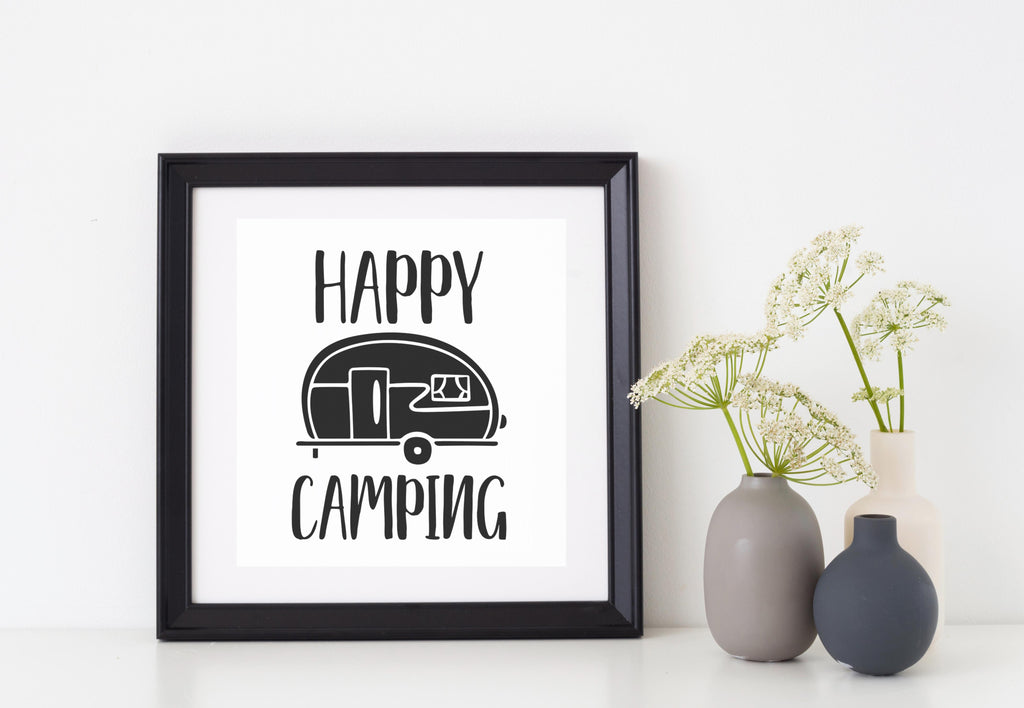 Happy Camping | 4" x 5.6" Vinyl Sticker | Peel and Stick Inspirational Motivational Quotes Stickers Gift | Decal for Outdoors/Nature Camping Lovers