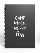 Load image into Gallery viewer, Camp More Worry Less | 4" x 7" Vinyl Sticker | Peel and Stick Inspirational Motivational Quotes Stickers Gift | Decal for Outdoors/Nature Camping Lovers