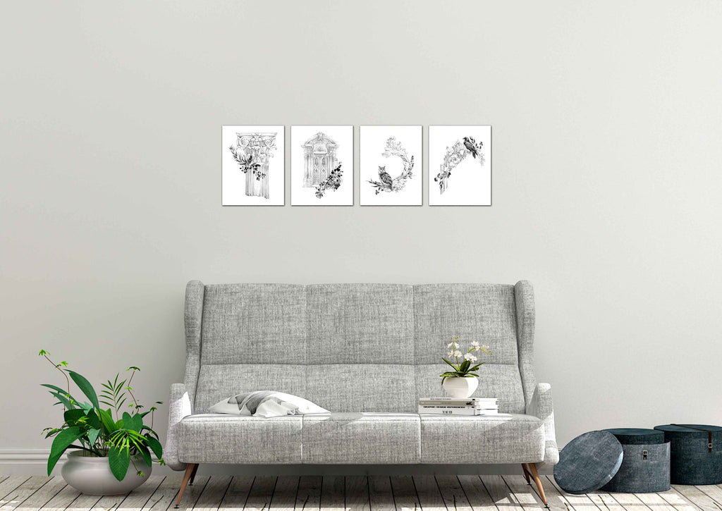 Architecture Pencil Sketch Design Wall Art Prints Set - Ideal Gift For Family Room Kitchen Play Room Wall Décor Birthday Wedding Anniversary | Set of 4 - Unframed- 8x10 Photos