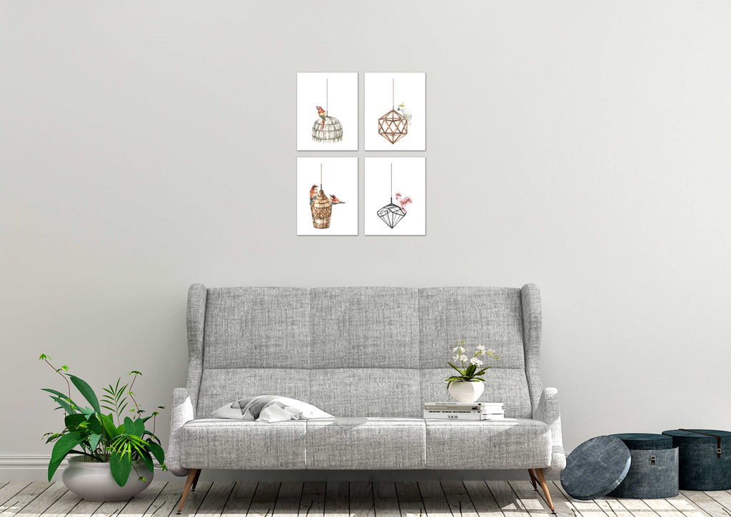 Hanging Bird Cage Wall Art Prints Set - Ideal Gift For Family Room Kitchen Play Room Wall Décor Birthday Wedding Anniversary | Set of 4 - Unframed- 8x10 Photos