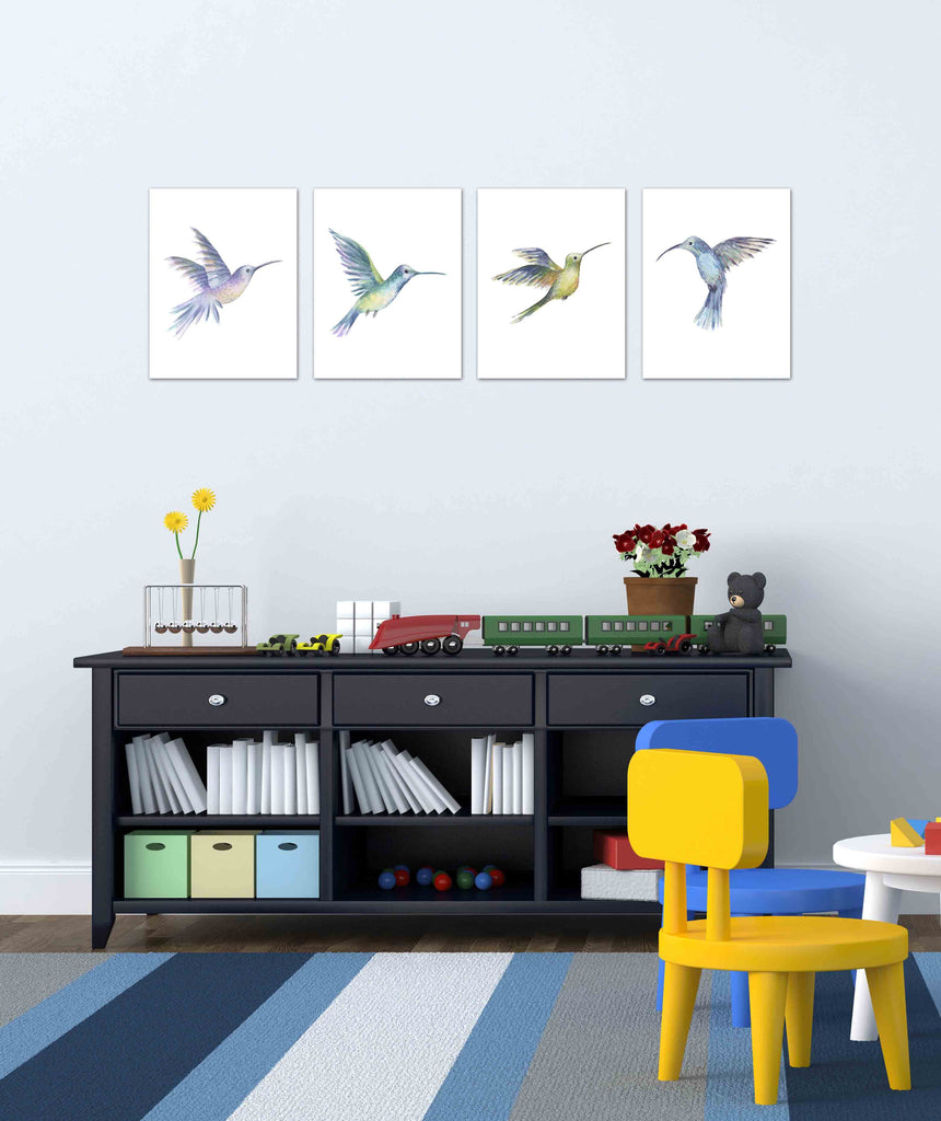 Beautiful Nursery Humming Birds Wall Art Prints Set - Home Decor For Kids, Child, Children, Baby or Toddlers Room - Gift for Newborn Baby Shower | Set of 4 - Unframed- 8x10 Photos