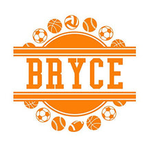 Load image into Gallery viewer, Sports Balls Wall Decal Frame With Custom Name Decal - Football Baseball Soccer Basketball Varsity Wall Art Decal Wall Sticker 22"w x 22"t
