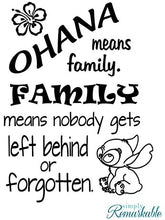 Load image into Gallery viewer, Ohana Means Family. Family Means Nobody Gets Left Behind or Forgotten - Vinyl Wall Decal Sticker - Made in USA - Inspired by Disney and Lilo and Stitch