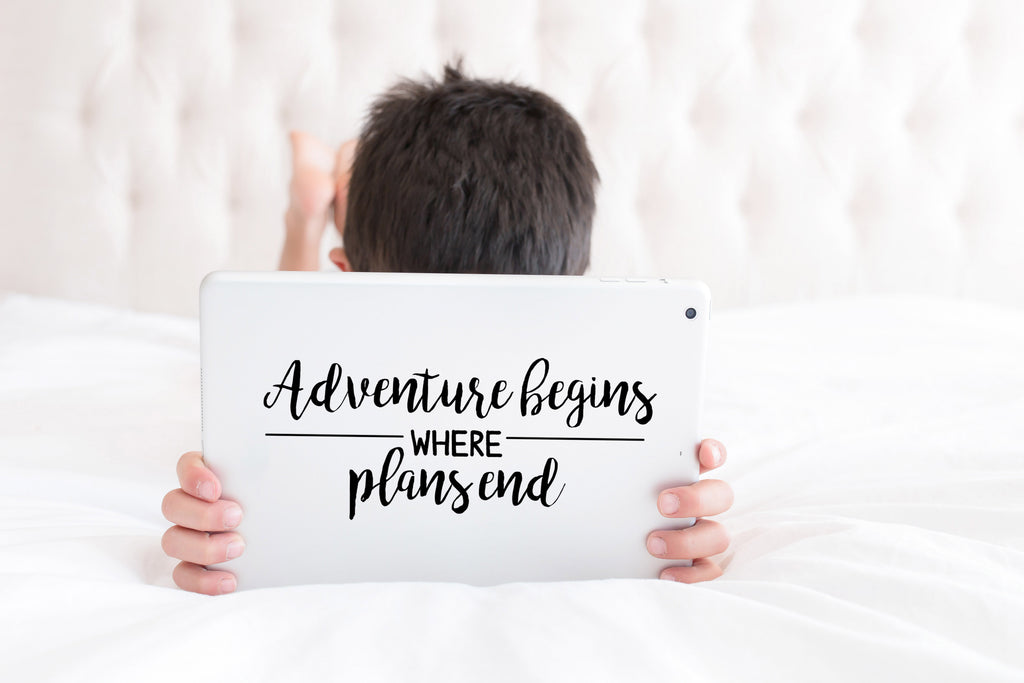 Adventure Begins Where Plans End | 8" x 3.3" Vinyl Sticker | Peel and Stick Inspirational Motivational Quotes Stickers Gift | Decal for Adventure/Travel Lovers