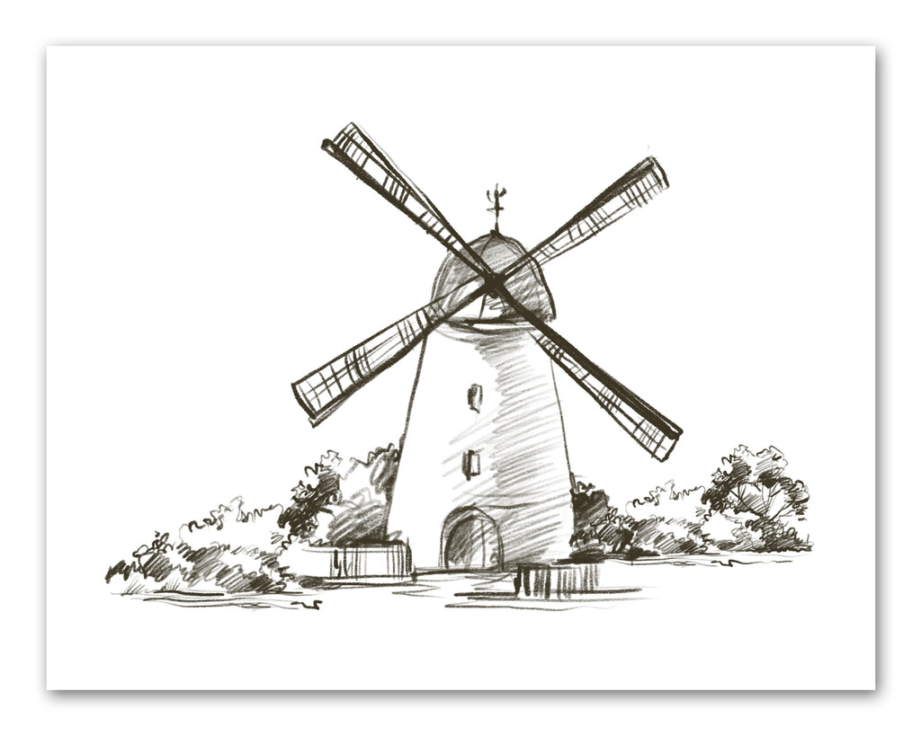 Pencil Sketch House Windmill Wall Art Prints Set - Ideal Gift For Family Room Kitchen Play Room Wall Décor Birthday Wedding Anniversary | Set of 4 - Unframed- 8x10 Photos