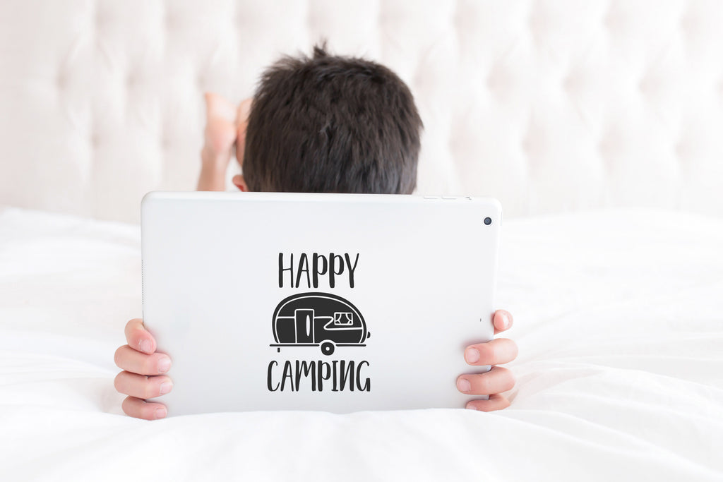 Happy Camping | 4" x 5.6" Vinyl Sticker | Peel and Stick Inspirational Motivational Quotes Stickers Gift | Decal for Outdoors/Nature Camping Lovers